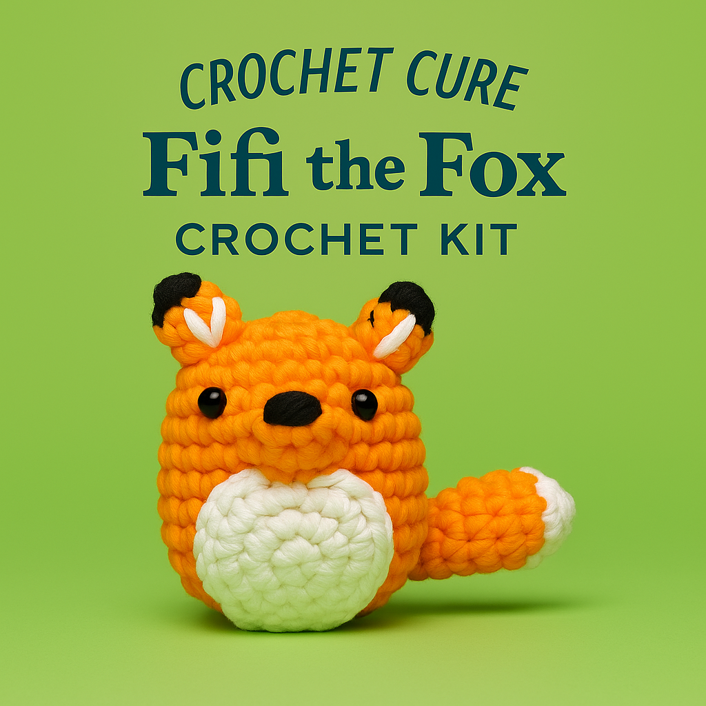 Crochet fox toy with text 'Crochet Cure Fifi the Fox Crochet Kit' on green background.