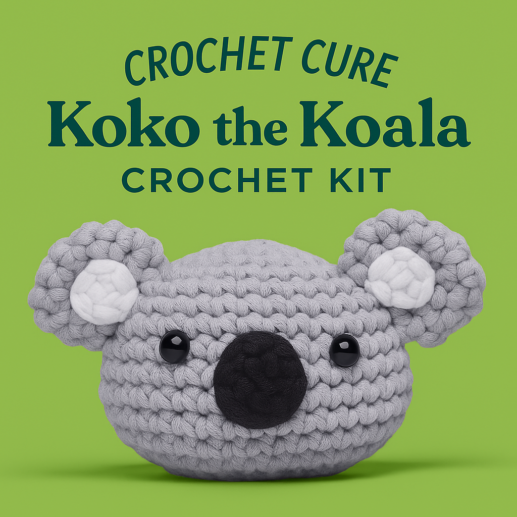 Crochet koala head with text 'Crochet Cure Koko the Koala Crochet Kit' on green background.