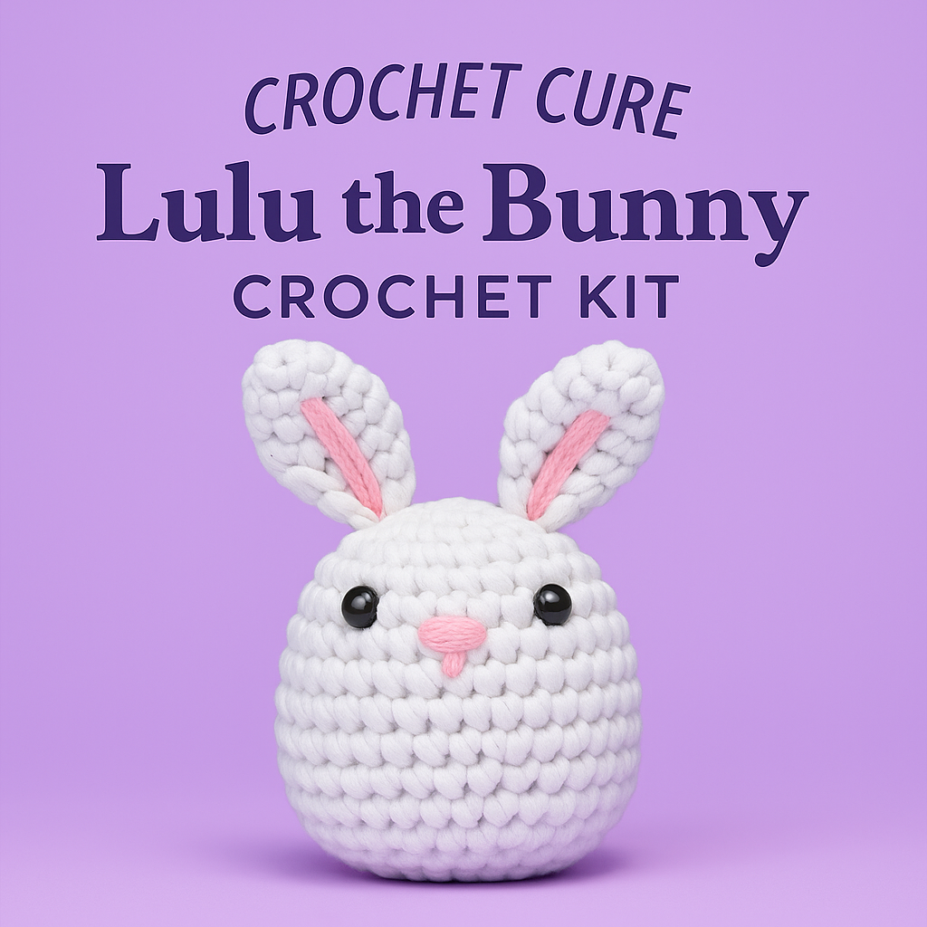 Crochet bunny with text 'Lulu the Bunny Crochet Kit' on a purple background.