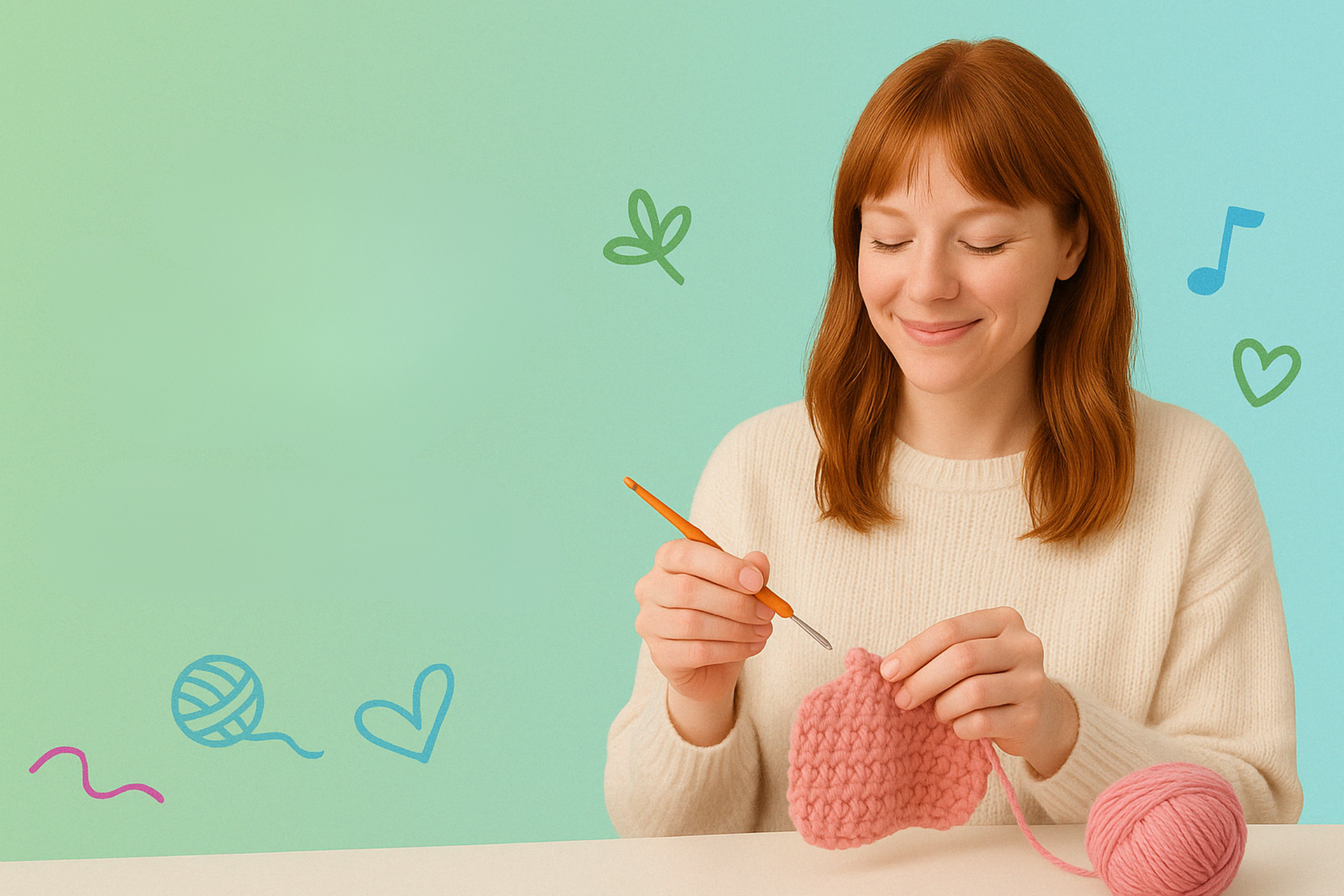 Person crocheting with pink yarn against a colorful background.
