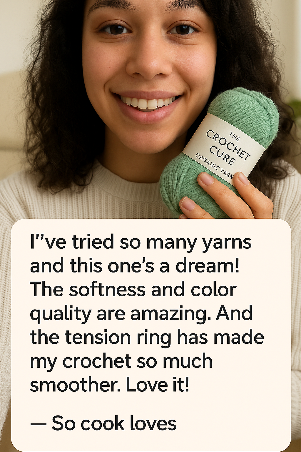 Person holding green yarn with a testimonial about its quality.