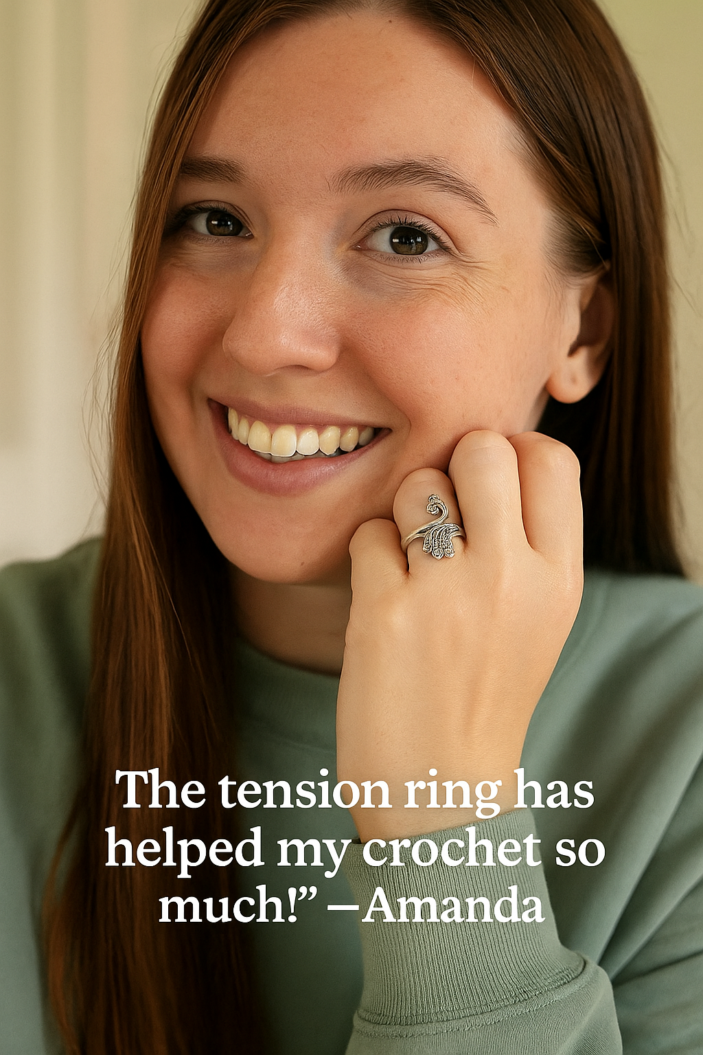 Smiling person wearing a ring, with text about a tension ring for crochet.