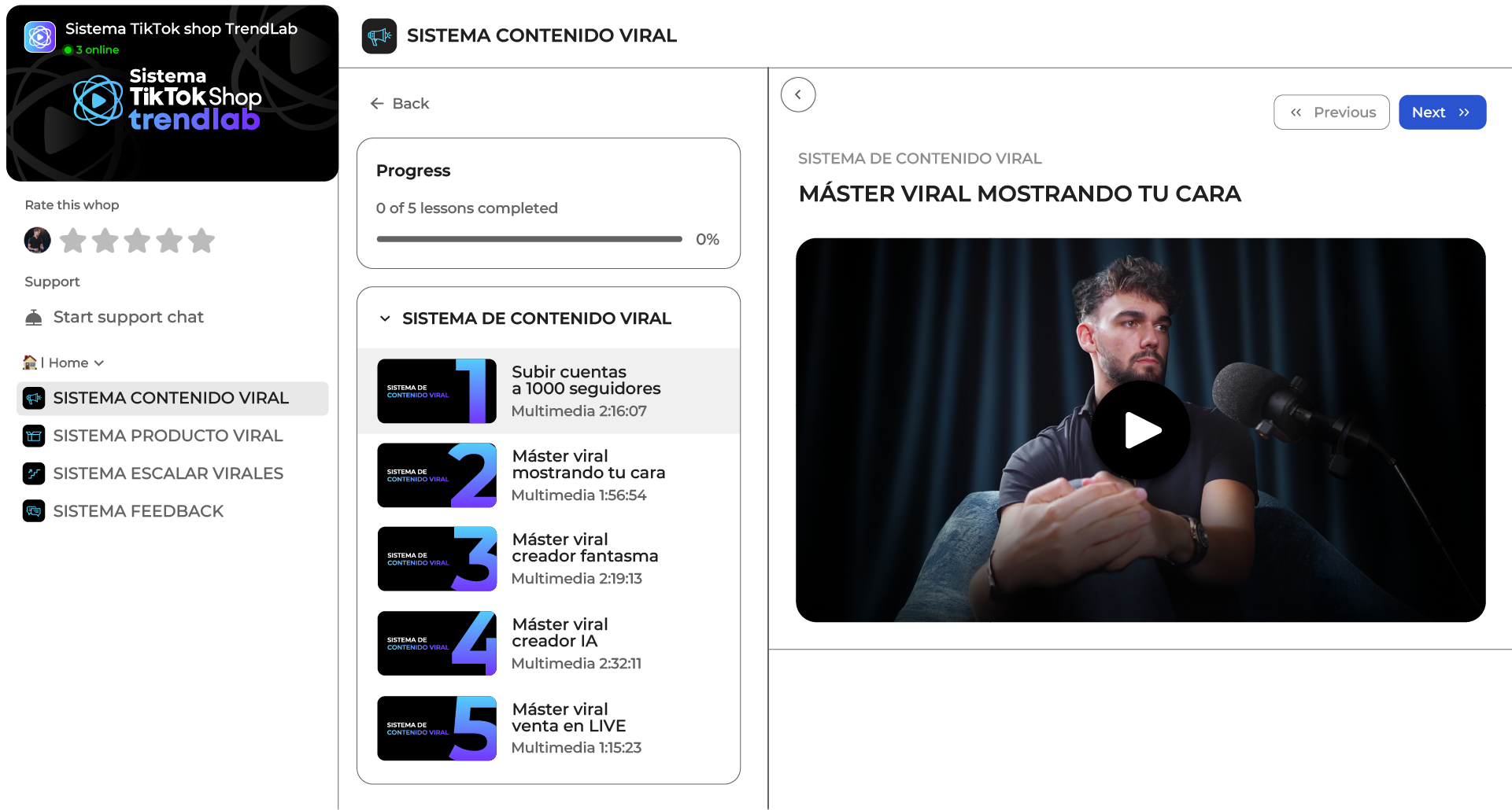 A screenshot of an online course platform showing a list of video lessons and a video player.