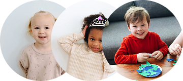 A collage of three overlapping circular photos of diverse, smiling young children.