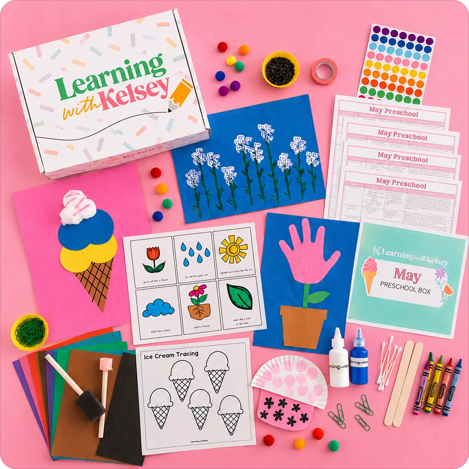 A 'Learning with Kelsey' May Preschool Box and its contents, including crafts and worksheets, on a pink background.