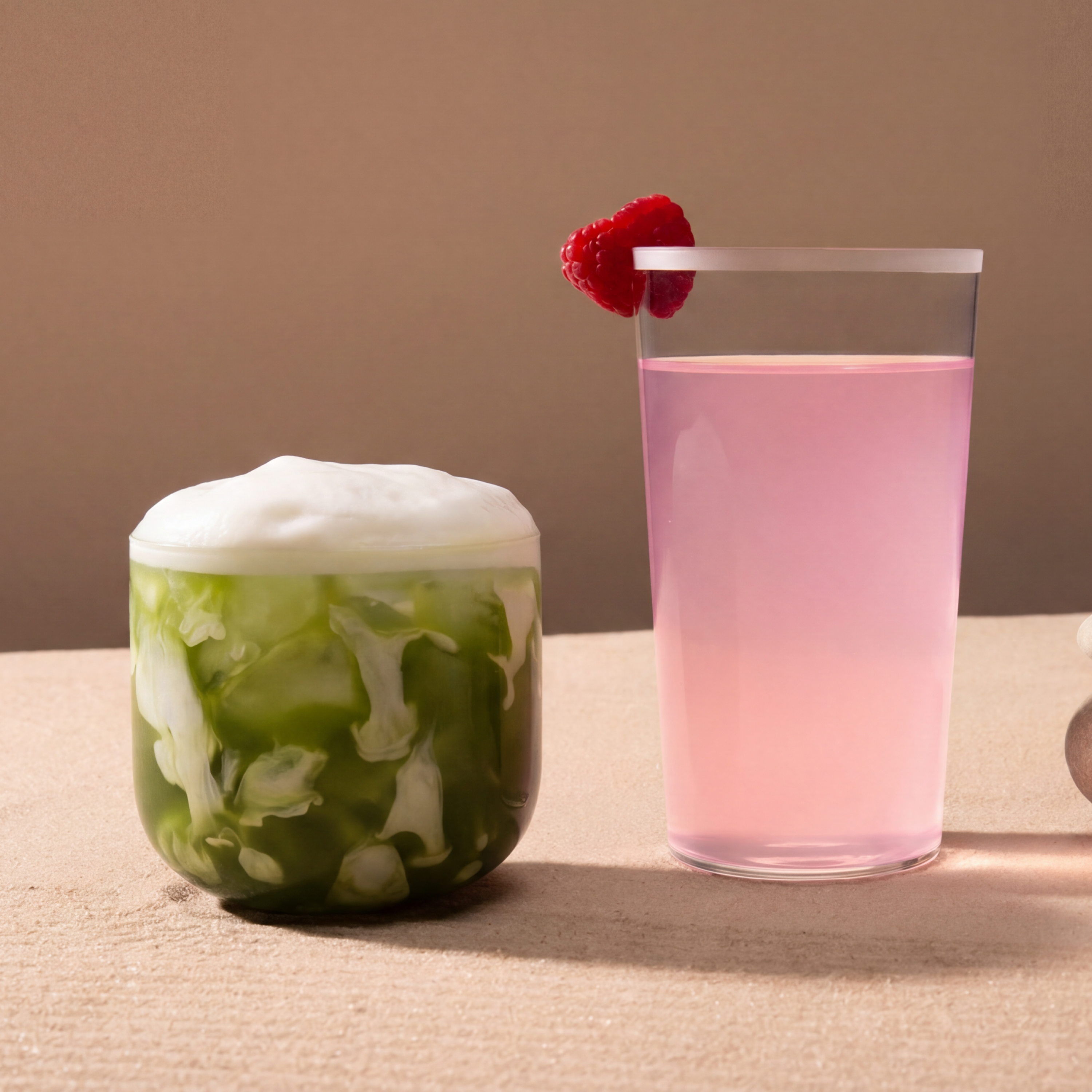 A foamy, green swirled drink sits next to a tall pink drink with a raspberry on the rim.