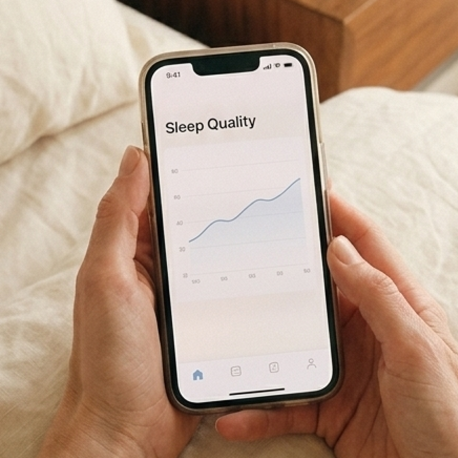 A person's hands holding a smartphone displaying a graph of their sleep quality on the screen.
