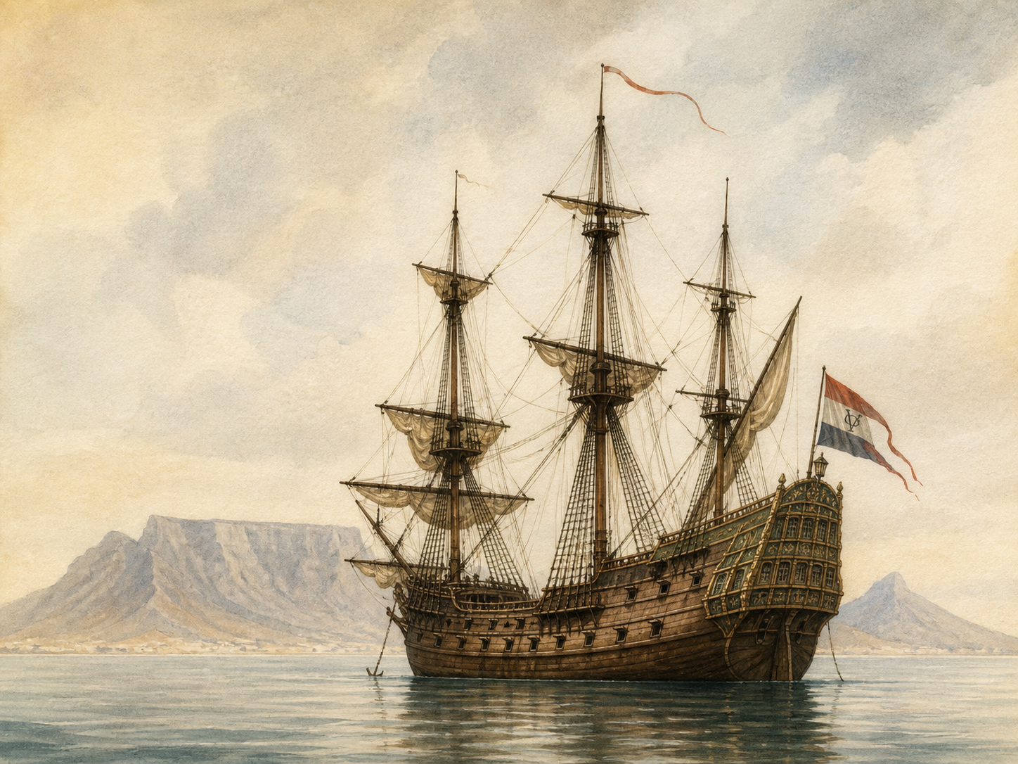 A Dutch East India Company ship at anchor off Table Mountain
