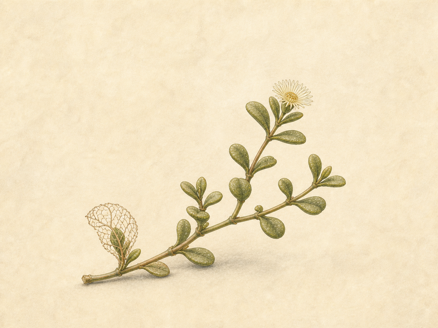 Botanical illustration of Sceletium tortuosum showing the skeletal leaf lattice