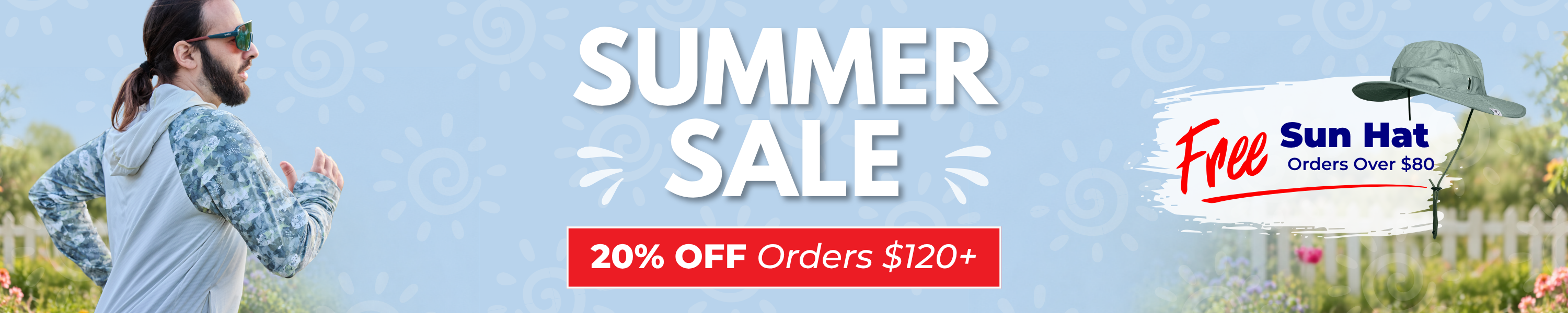 A promotional banner for a summer sale with a free sun hat and 20% off certain orders.