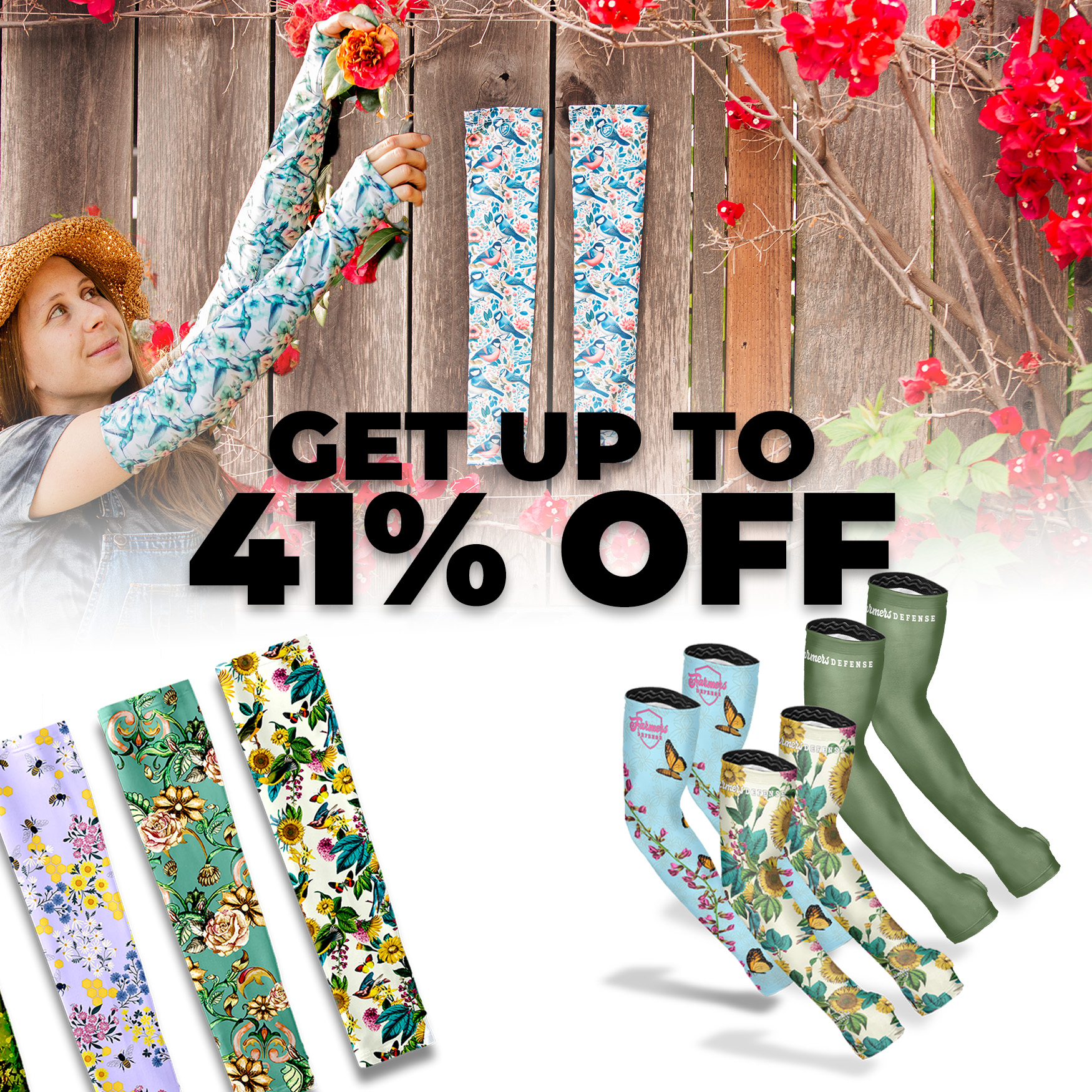 Woman wearing floral sleeves, surrounded by colorful sleeve designs and discount text.
