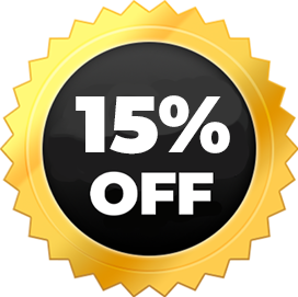 Gold starburst badge with '15% OFF' text in the center.