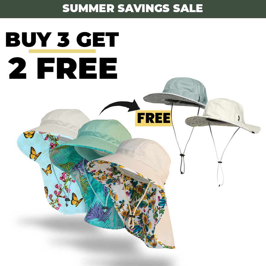 Promotional image of hats with floral and butterfly patterns, offering a buy 3 get 2 free deal.