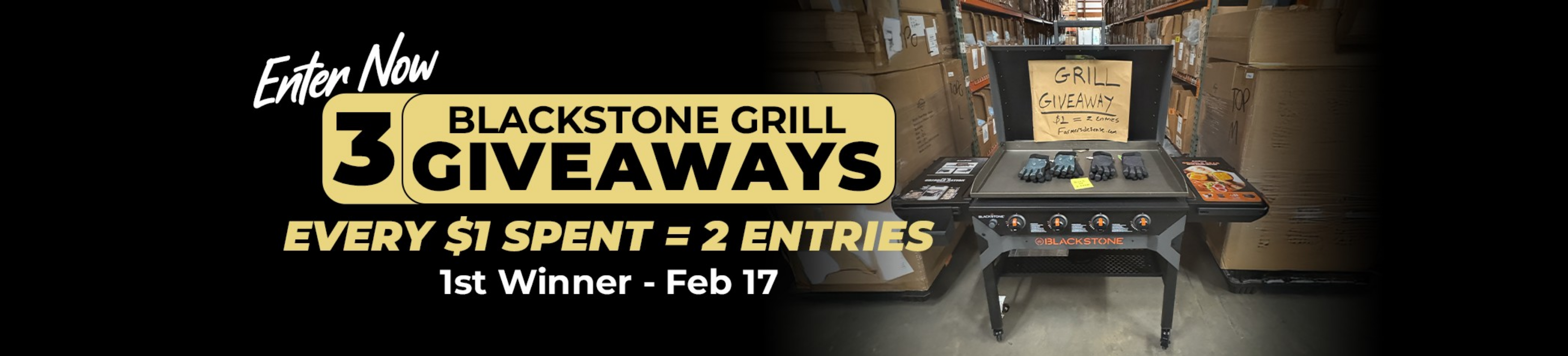 A promotional banner for a Blackstone grill giveaway, showing the grill in a warehouse.