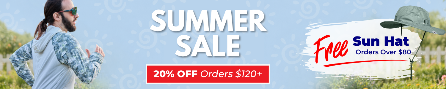 A promotional banner for a summer sale featuring a man running and a sun hat.