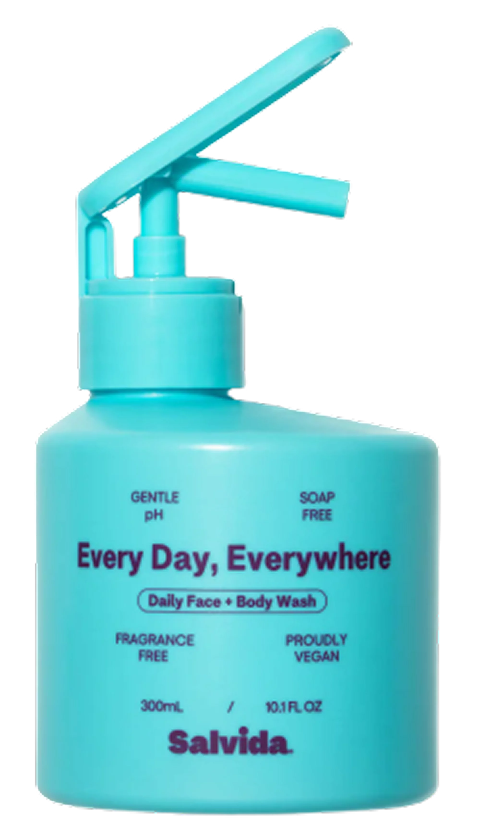 Turquoise bottle of face and body wash with pump dispenser.