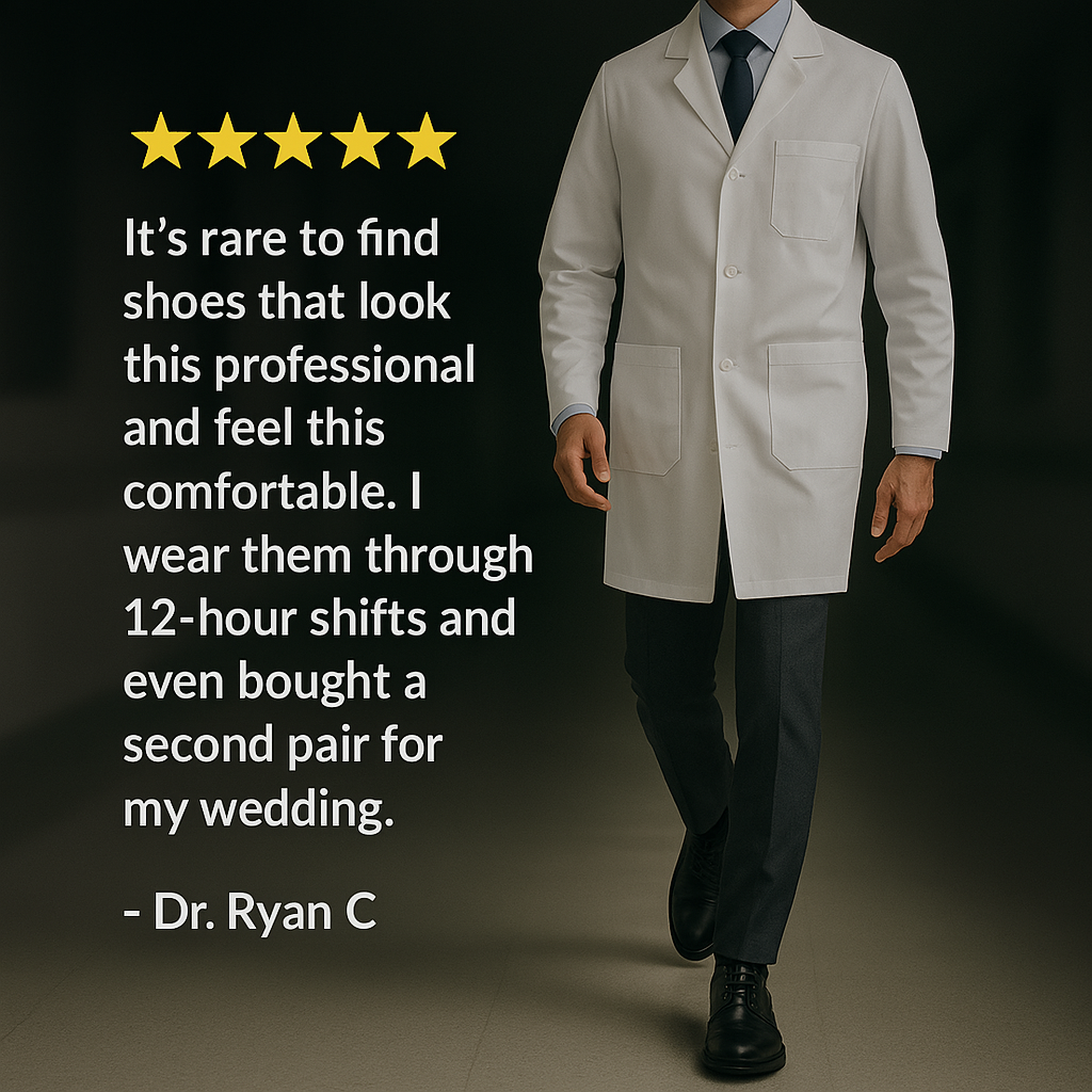 Person in a white lab coat walking, with a five-star shoe review text beside them.