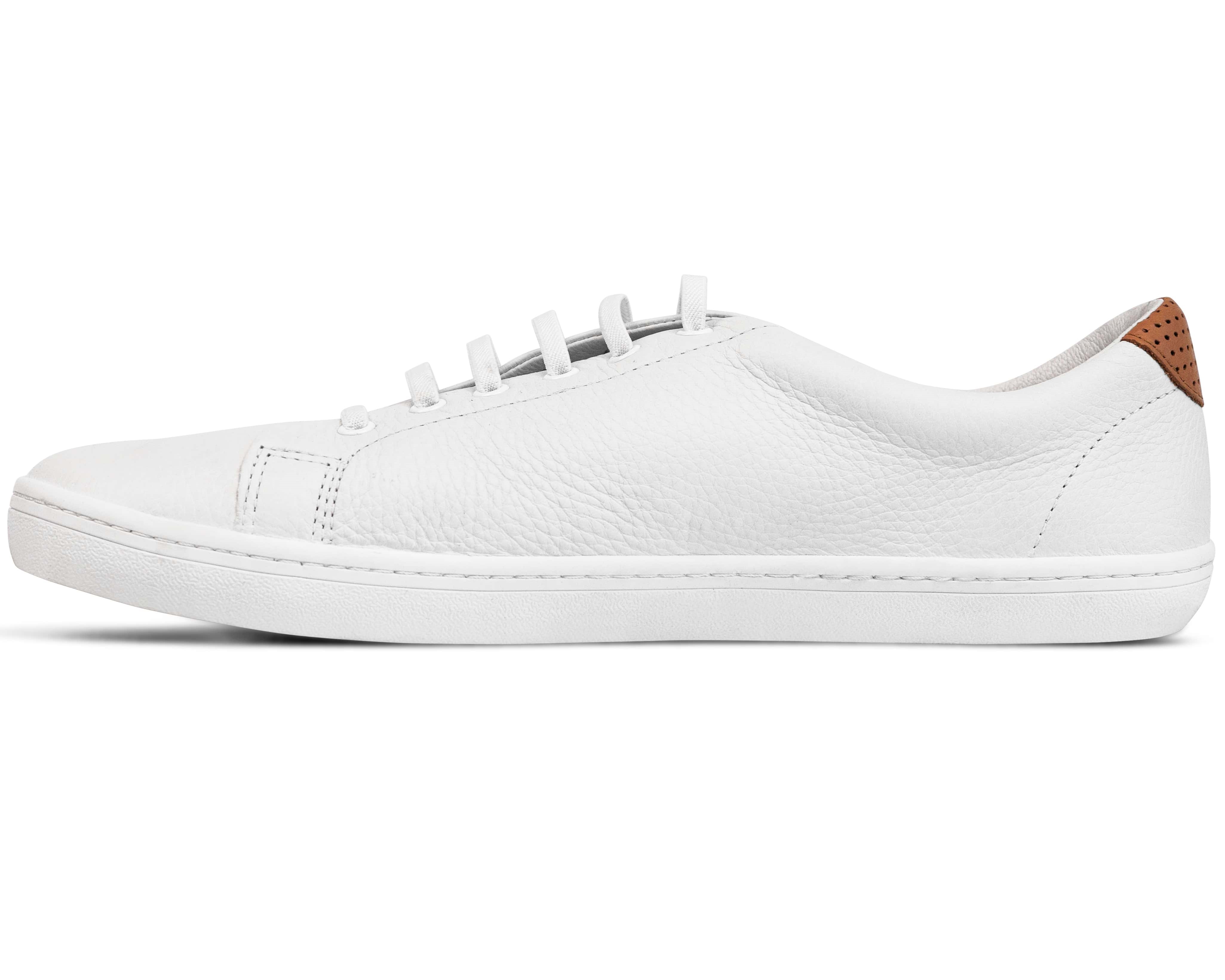 Side view of a white leather sneaker with brown heel detail.