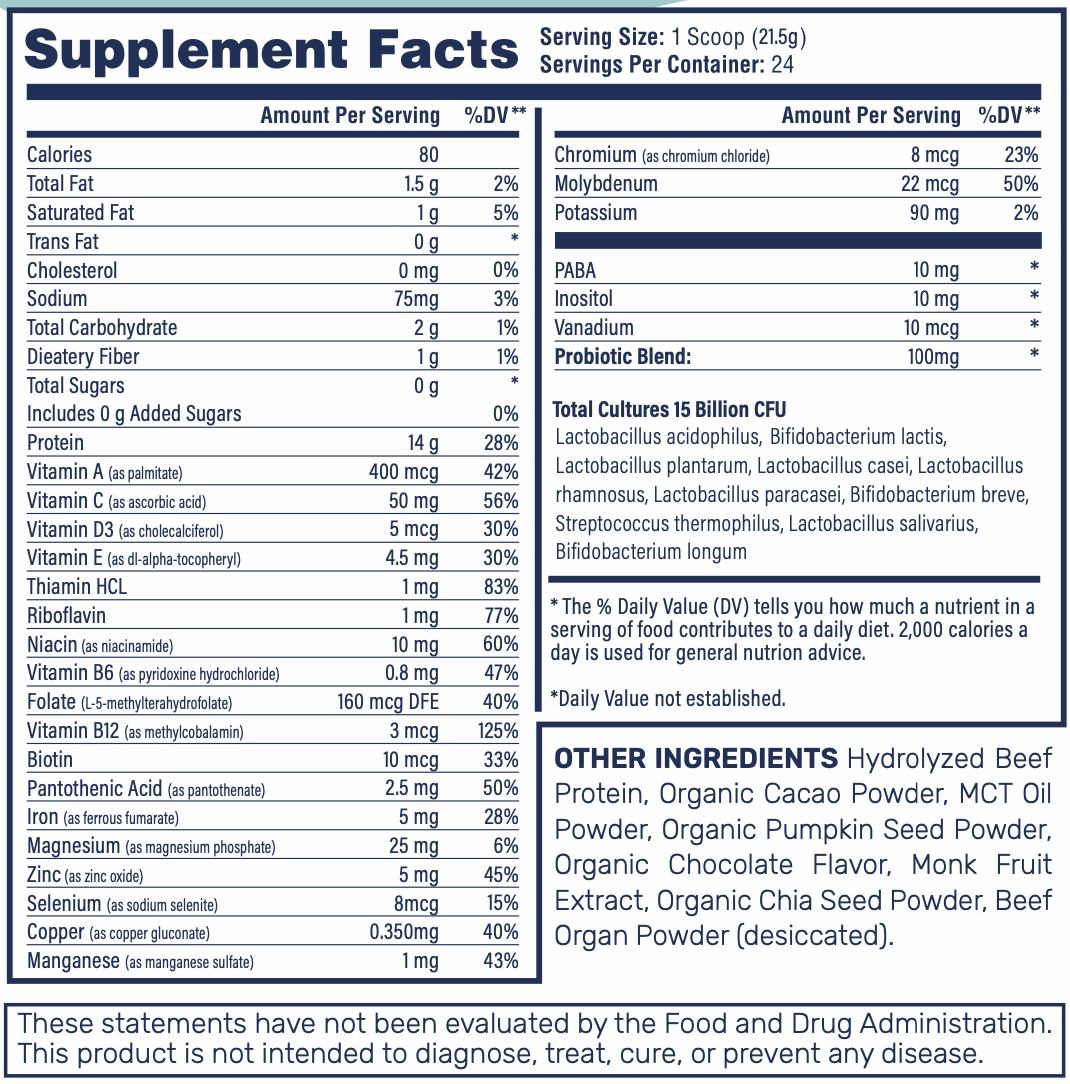 Supplement facts label with nutritional information and ingredients list.