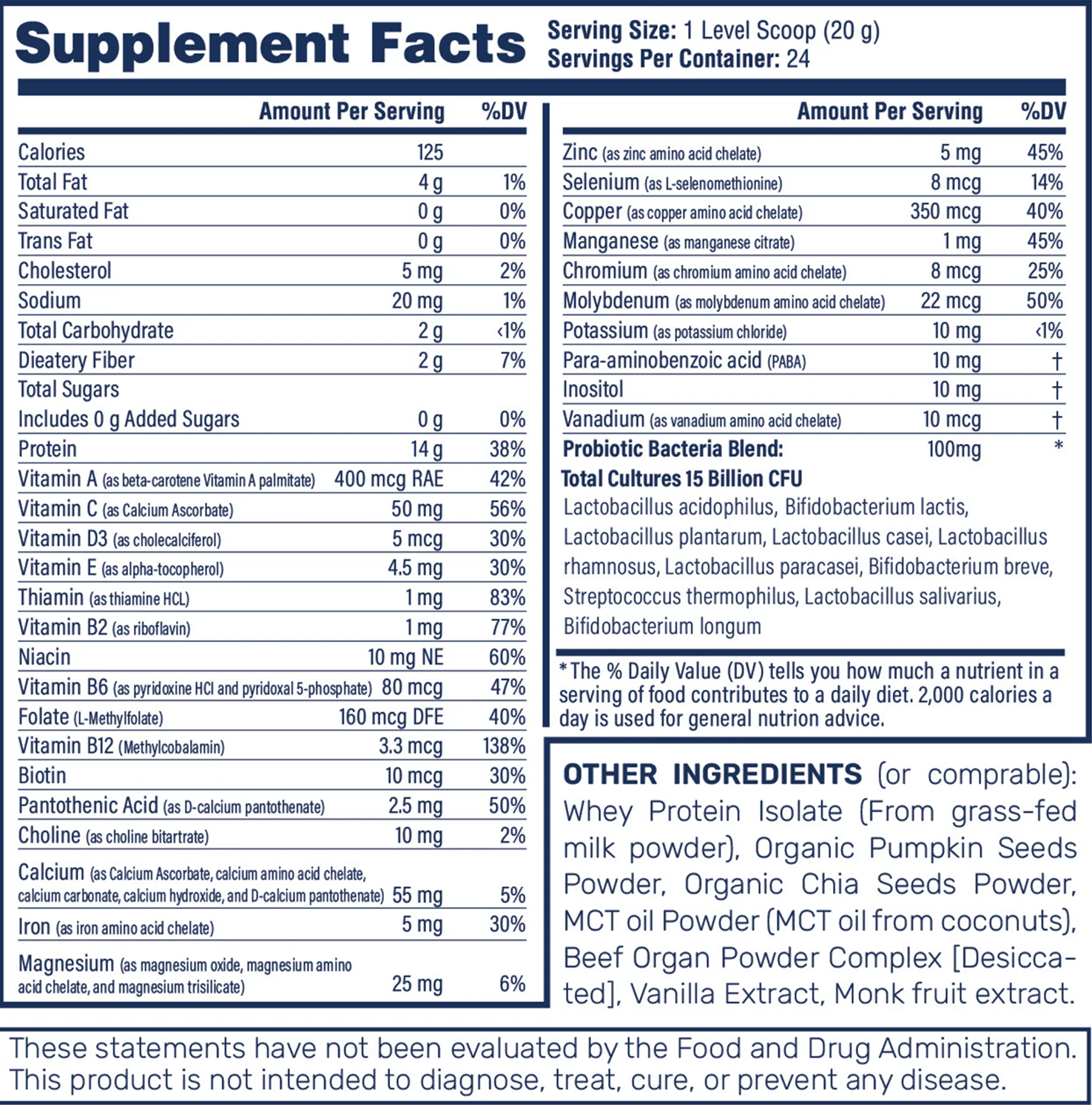 Supplement facts label with nutritional information and ingredients list.