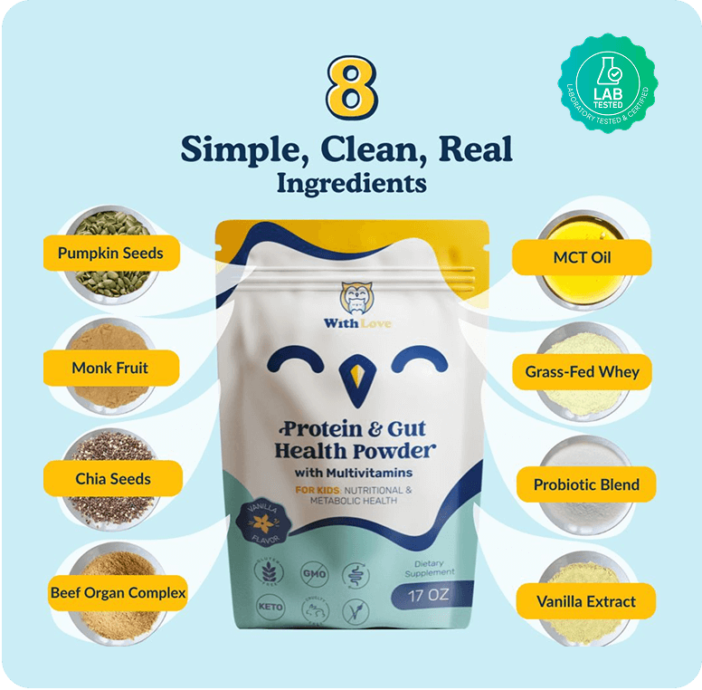 Protein and gut health powder with eight labeled ingredients around the package.