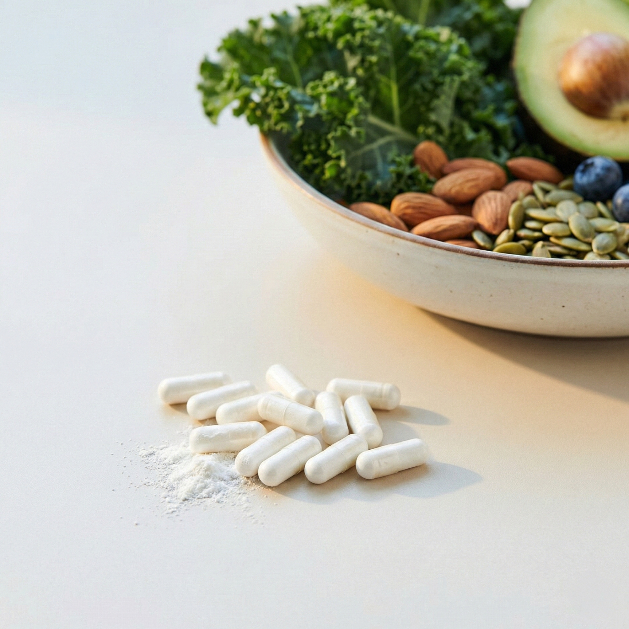 White capsules on a table next to a bowl containing kale, avocado, almonds, and seeds.