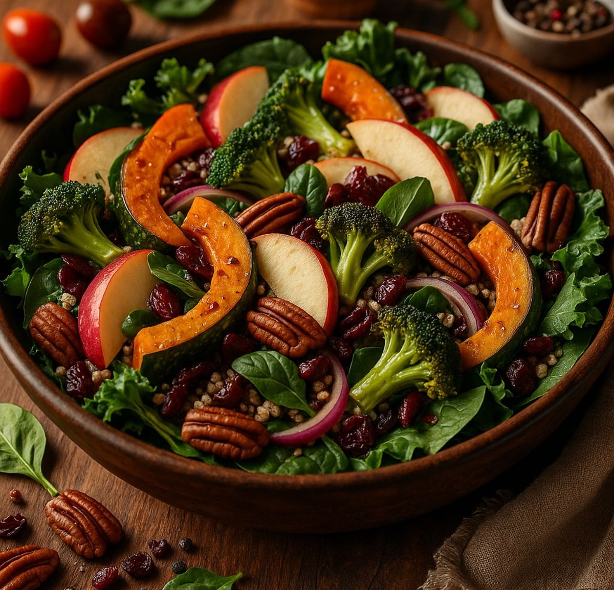 Salad with kale, broccoli, apple slices, pecans, and roasted squash in a wooden bowl.