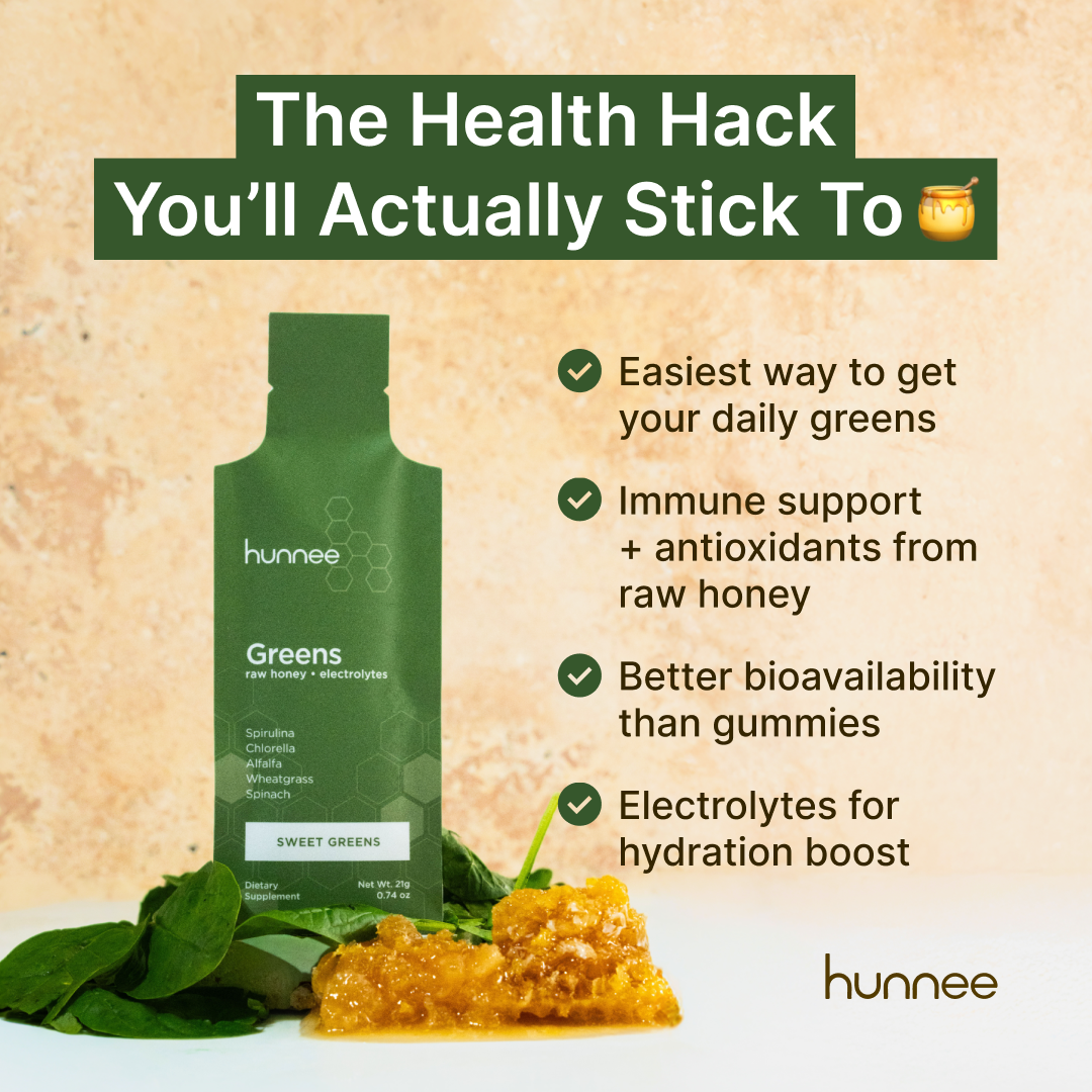 Green supplement packet with honeycomb and spinach, promoting health benefits.