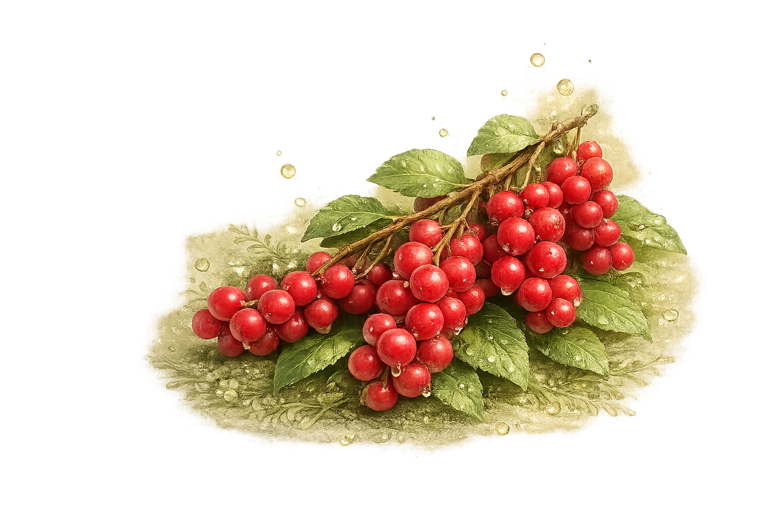A watercolor illustration of red berries on a branch with green leaves and water droplets against a white background.