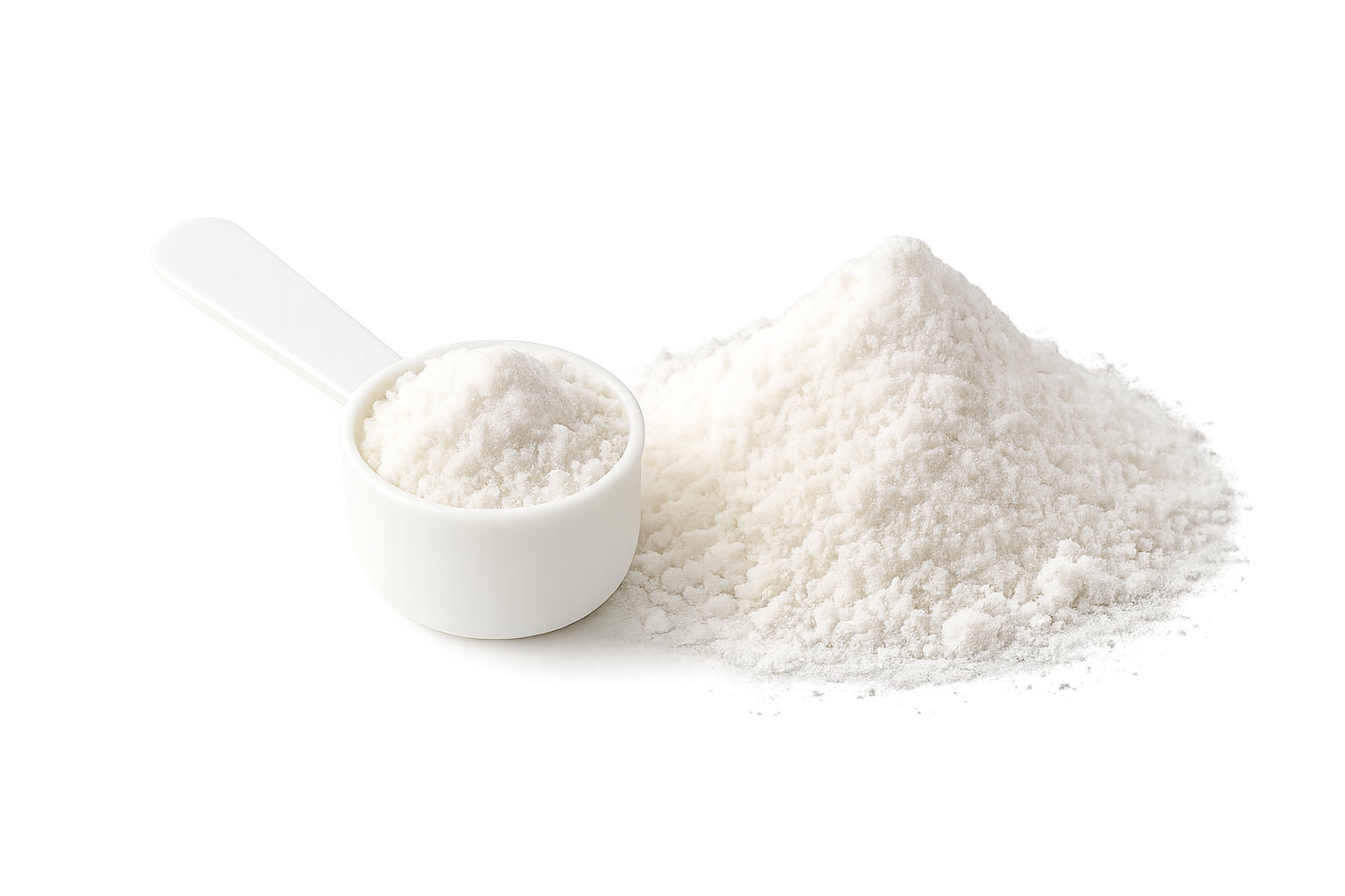 A white plastic scoop filled with white powder next to a larger pile on a white background.