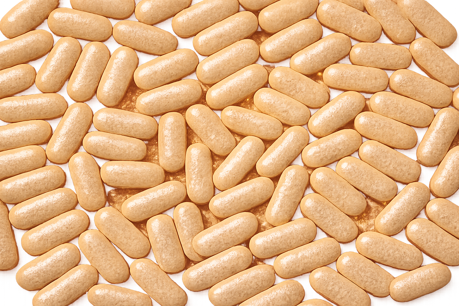 A top-down, close-up view of many light brown, oblong pills scattered on a white surface.