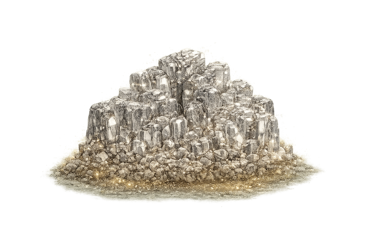 An illustration of a mound of silver, columnar crystals with sparkling gold accents at its base.