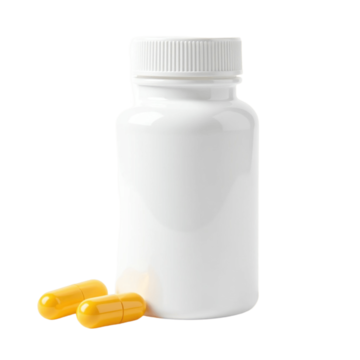 A white, unlabeled pill bottle with a screw-on cap, sitting next to two yellow capsules.