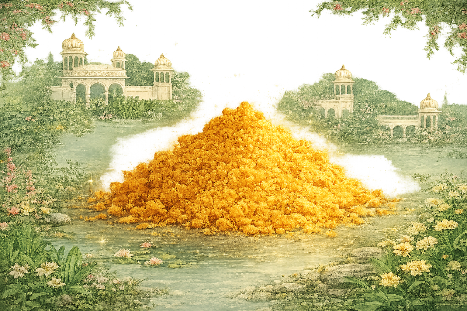 An illustration of a large pile of golden powder in a pond, surrounded by lush gardens and palaces.