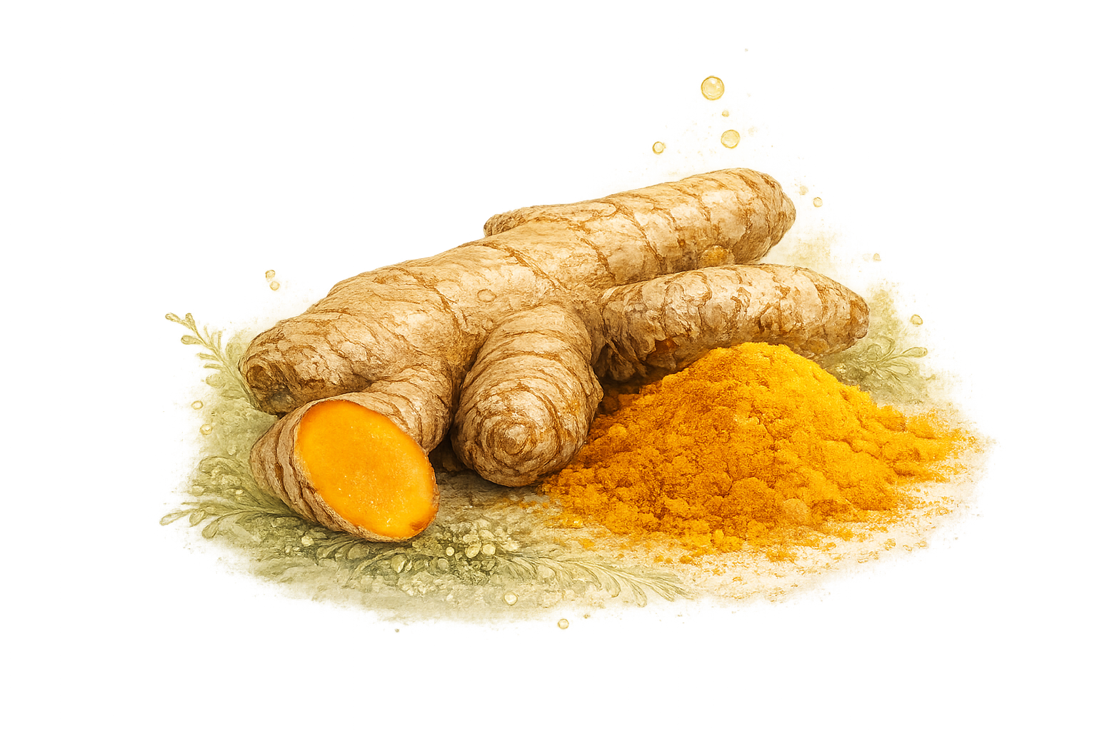 An illustration of whole and sliced turmeric root next to a pile of ground turmeric powder.