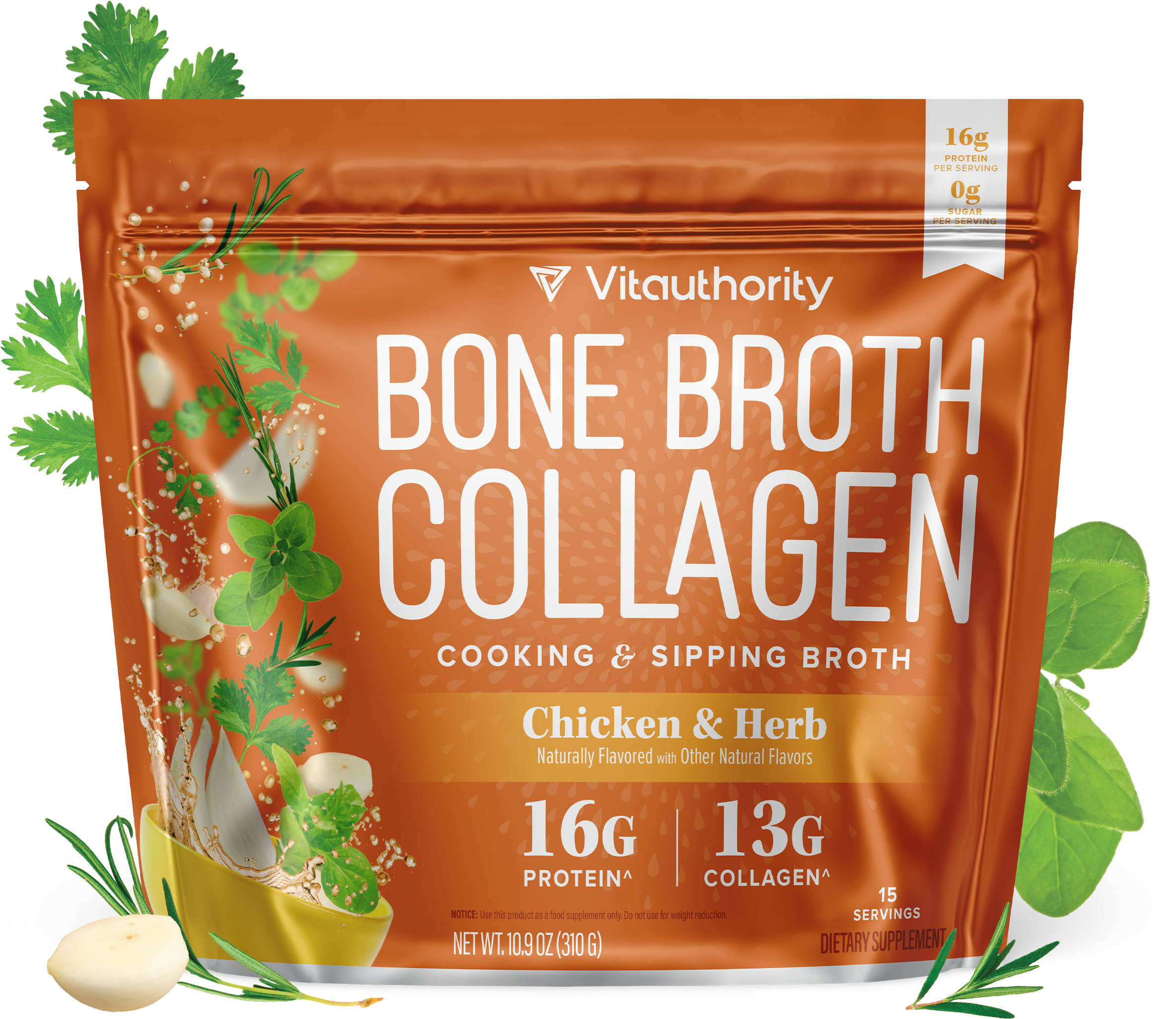 An orange pouch of Vitauthority Chicken & Herb Bone Broth Collagen, surrounded by fresh herbs and garlic.