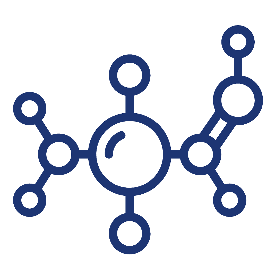 A blue line icon of a molecule on a dark green background.