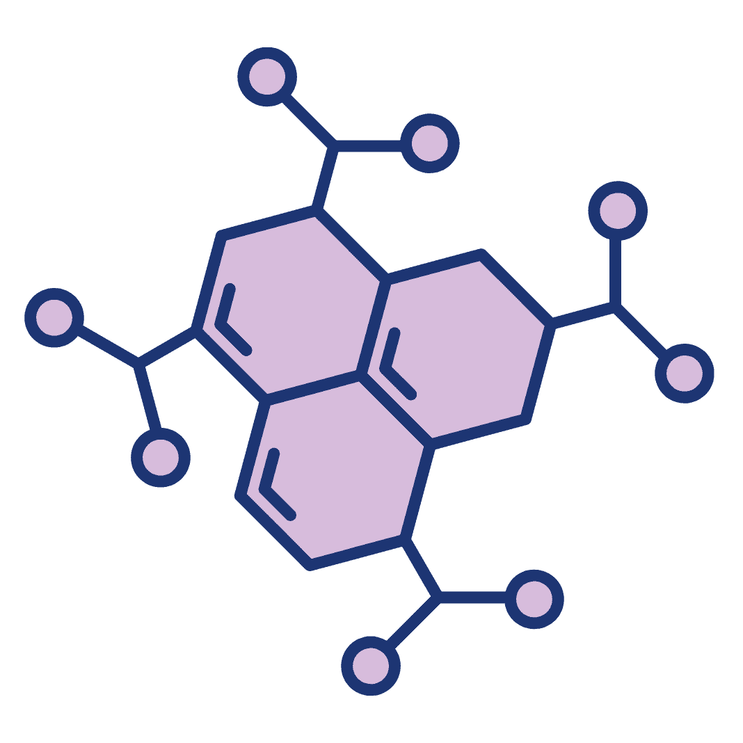 A stylized graphic of a chemical molecule with three fused hexagonal rings on a green background.