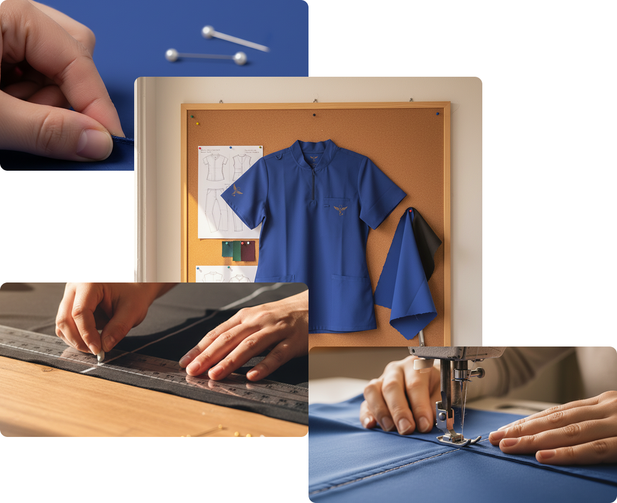 Sewing items: hands working with fabric and a sewing machine, blue shirt on a bulletin board.