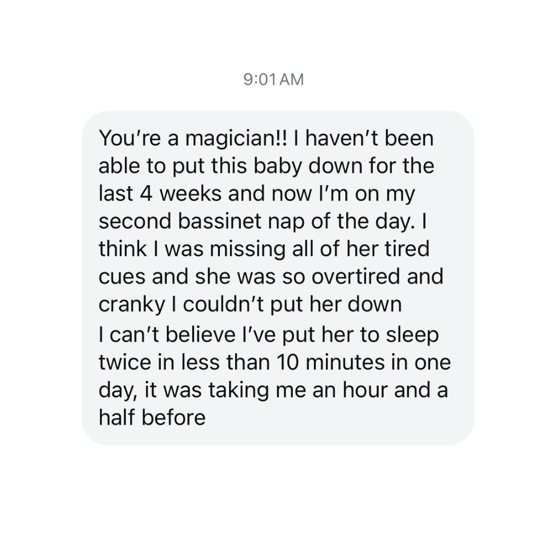 A text message about successfully putting a baby to sleep.