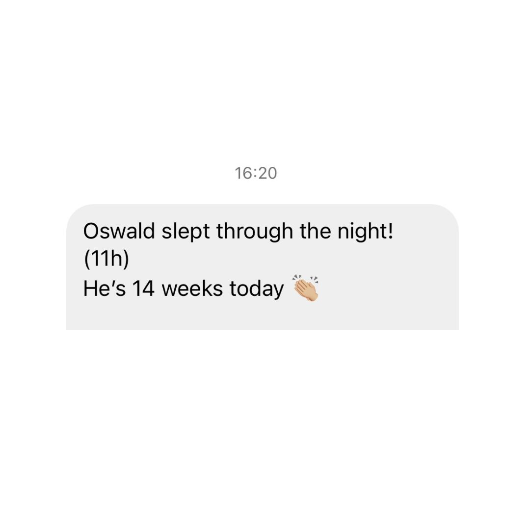 Text message at 16:20 celebrating Oswald sleeping 11 hours, 14 weeks old.