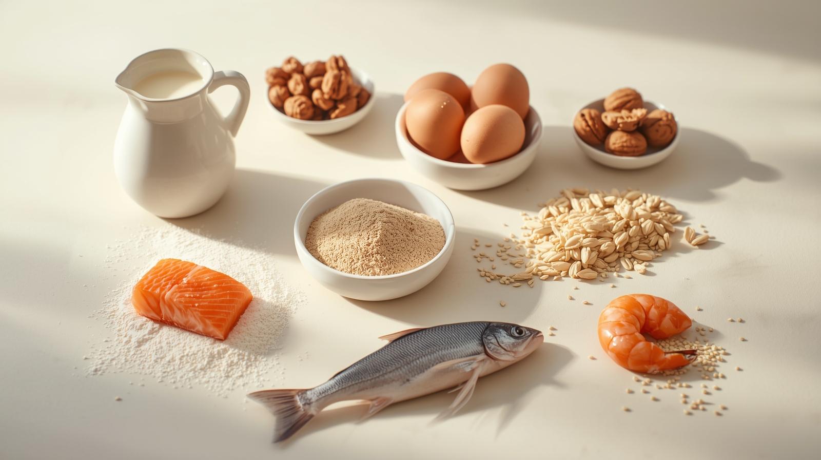 Various food items displayed on a table, including salmon, shrimp, fish, eggs, and milk.