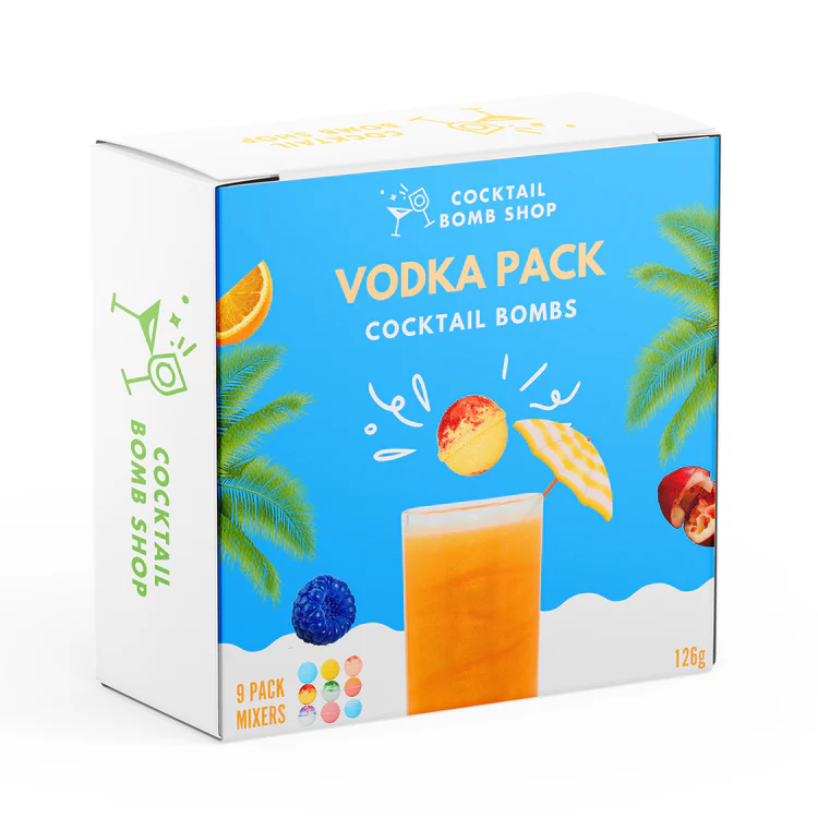 Box labeled 'Vodka Pack Cocktail Bombs' with tropical fruits and palm trees.