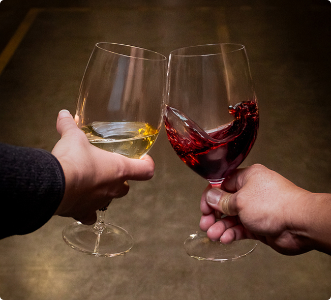 A close-up of two hands toasting with glasses of red and white wine against a dark background.