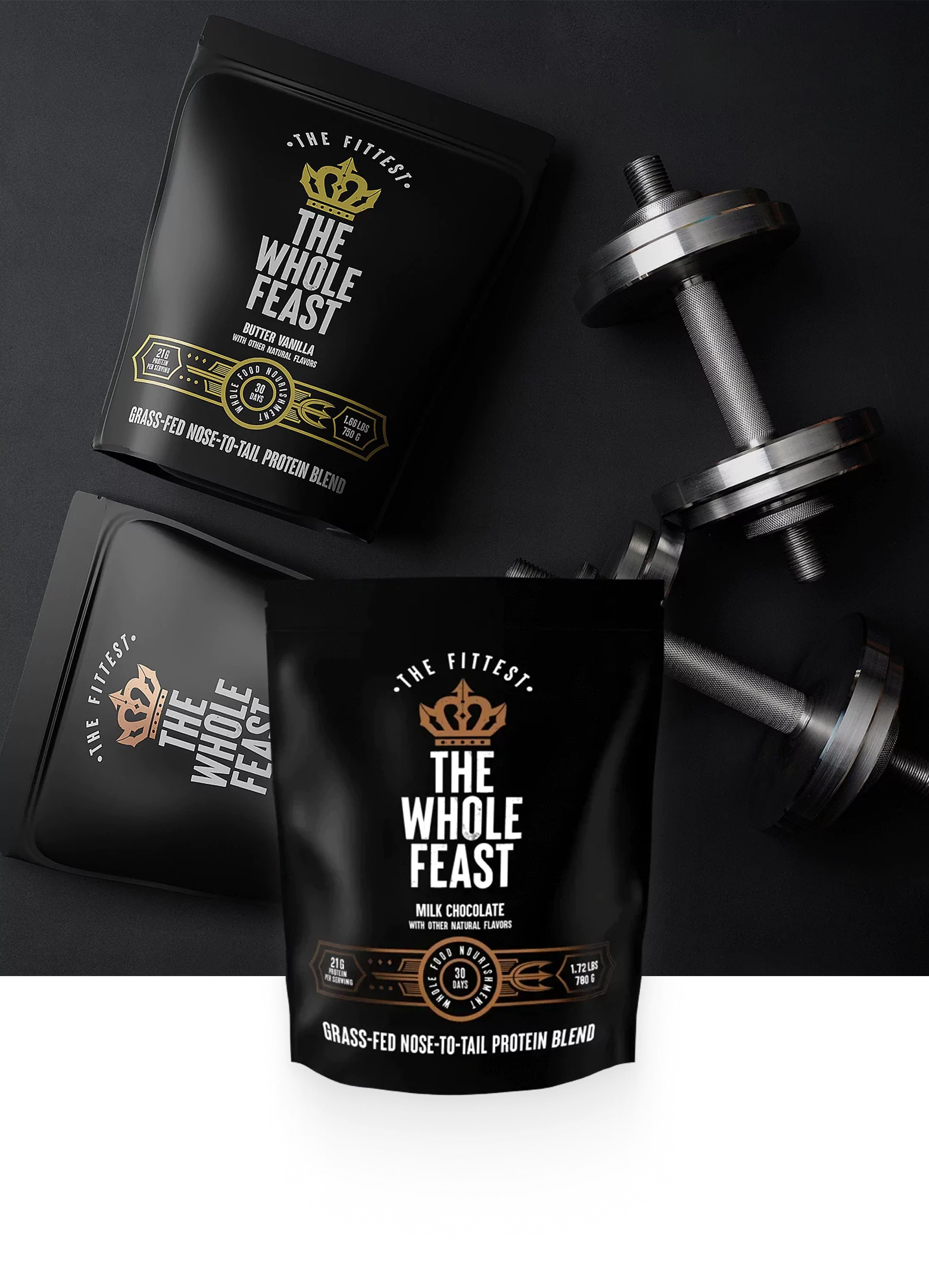 Protein powder bags with dumbbells on dark background.