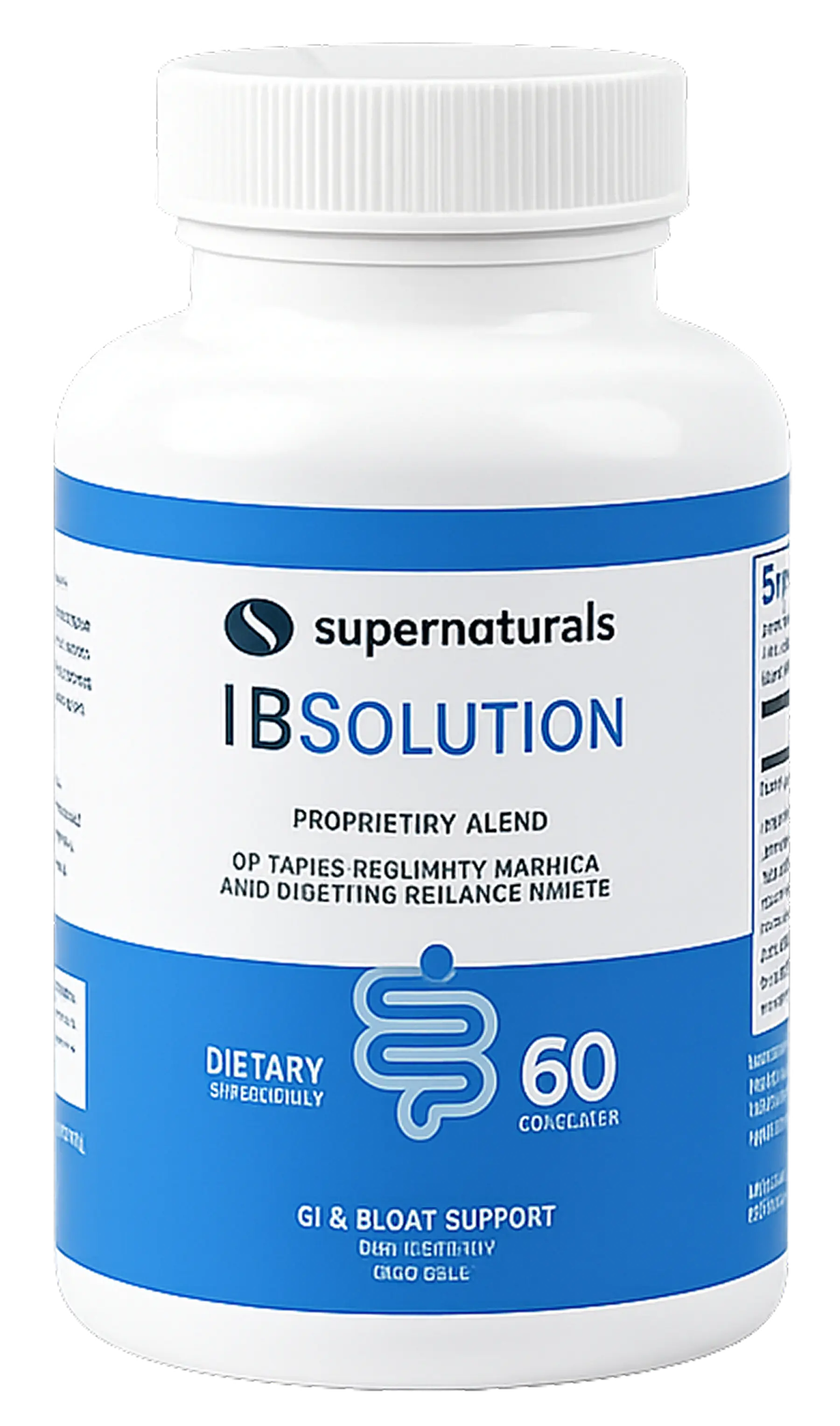 A white bottle of Supernaturals IBSolution dietary supplement for GI and bloat support on a white background.