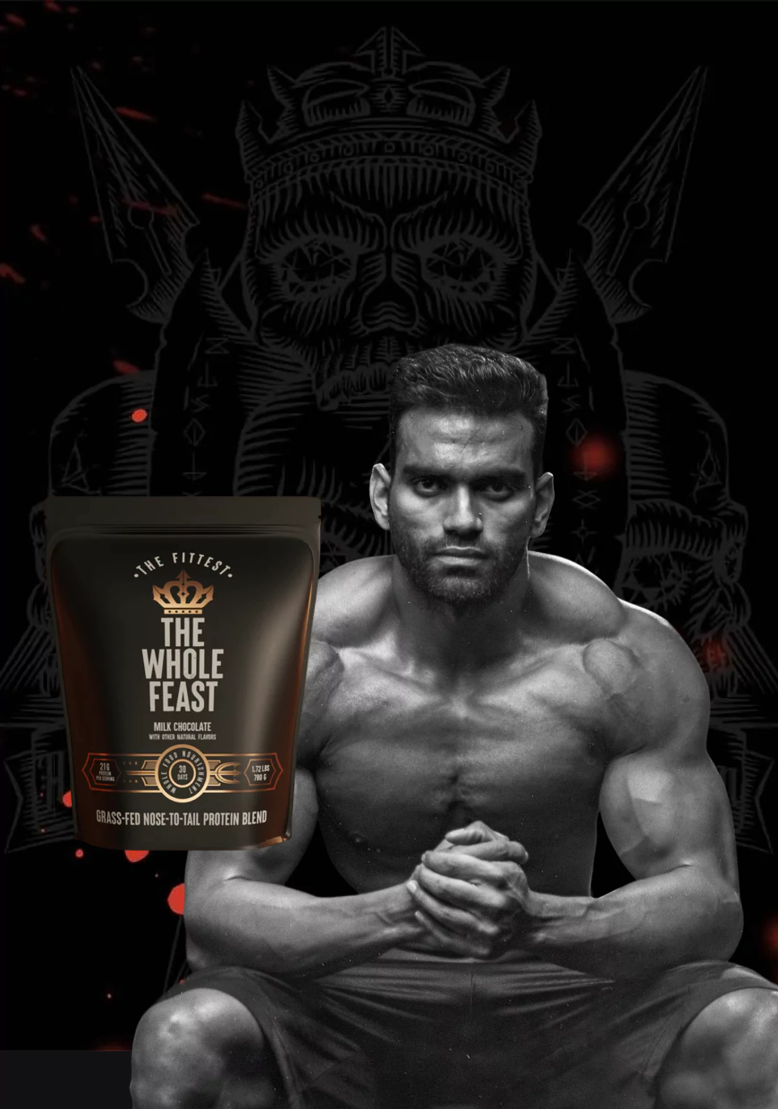Bodybuilder with 'The Whole Feast' protein powder against a dark, artistic background.