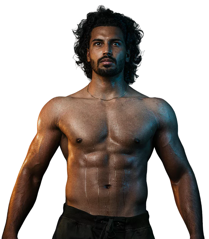 Strong, shirtless man with toned muscles and a focused expression.