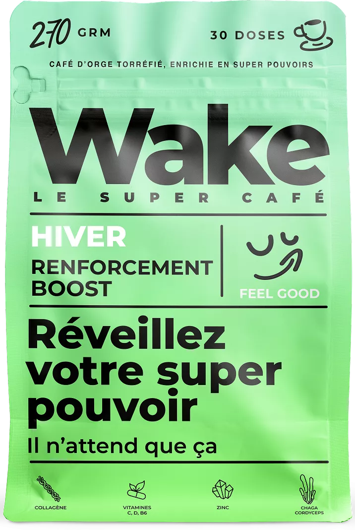 Green coffee bag with bold text and icons for collagen, vitamins, zinc, chaga cordyceps.