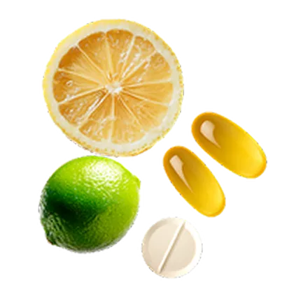 Slice of lemon, lime, tablets, and capsules on a white background.
